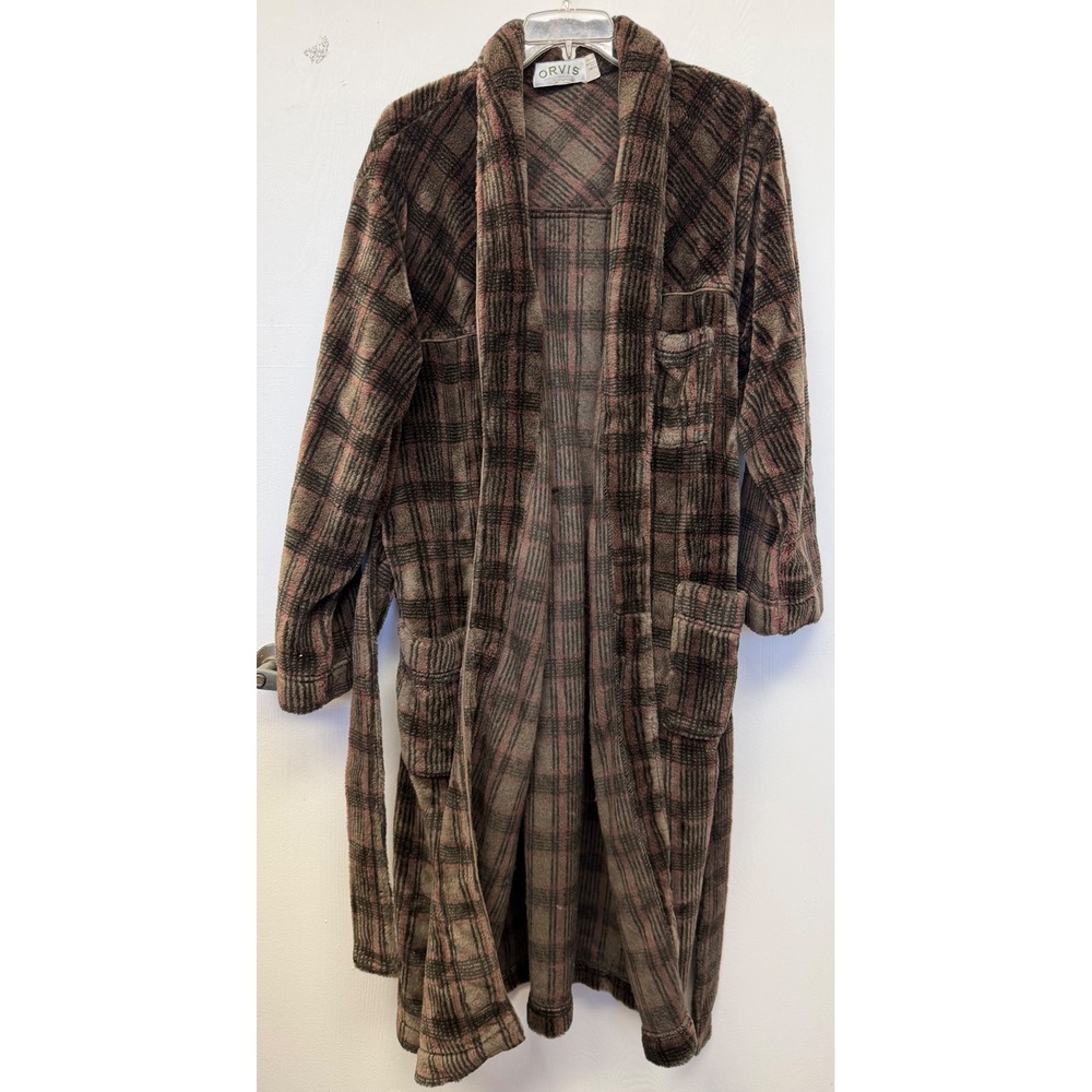 Orvis Vintage 90s Plaid Fleece Robe Made in USA Brown Burgundy Mens Medium